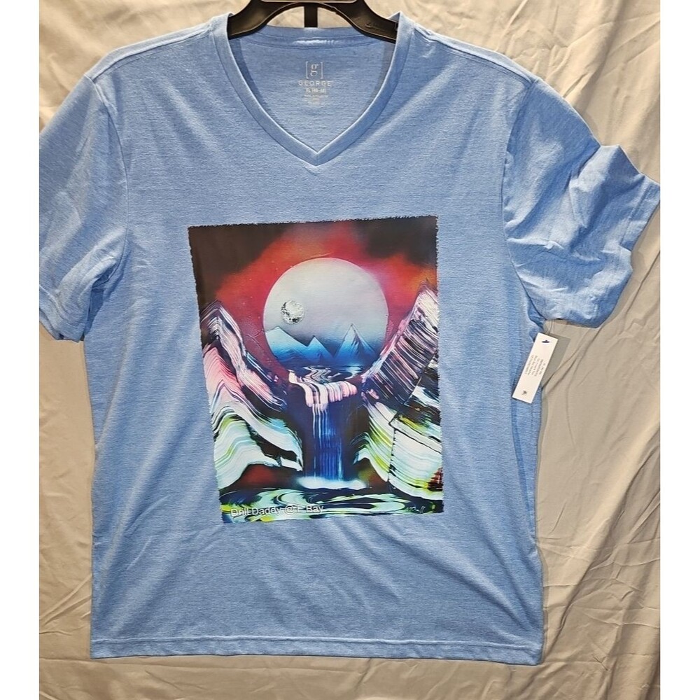 Blue Graphic Landscape V-Neck T-Shirt George XL New With Tags